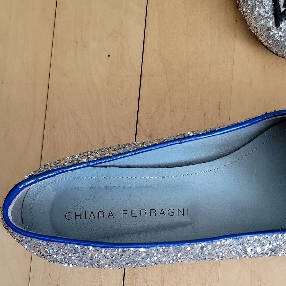Chiara Ferragni Silver Glitter Flirting Eye Eyelash Flat Loafers - 36